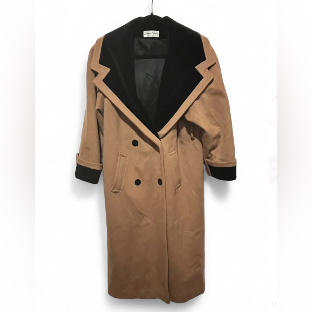 Vintage Jonathan Michael Long 100% Wool Overcoat Womens Size 10 Tan Black Velvet
